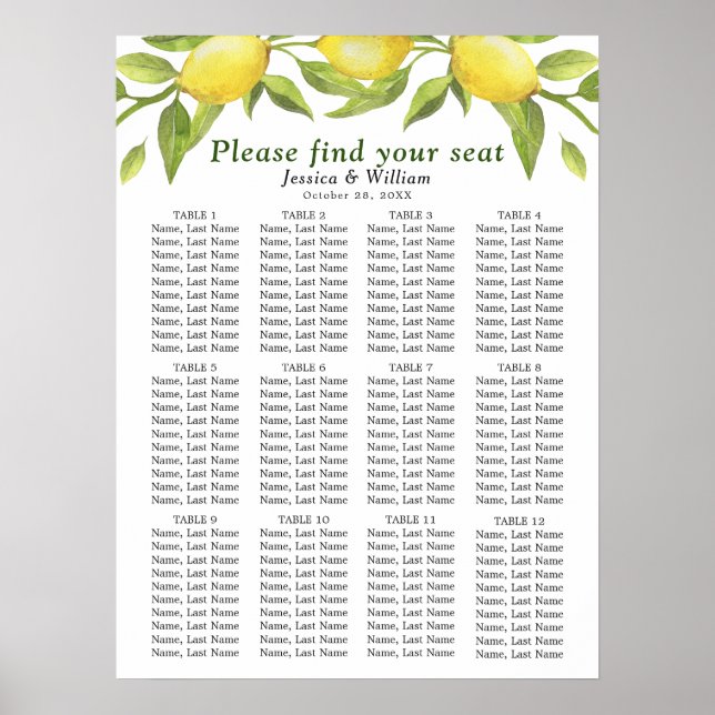 Affiche Lemons & Greenery 12 Tables Wedding SEATING CHART (Devant)