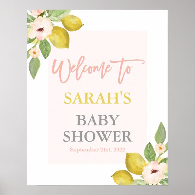 Affiche Lemons Pink Floral Baby Shower welcome sign (Devant)