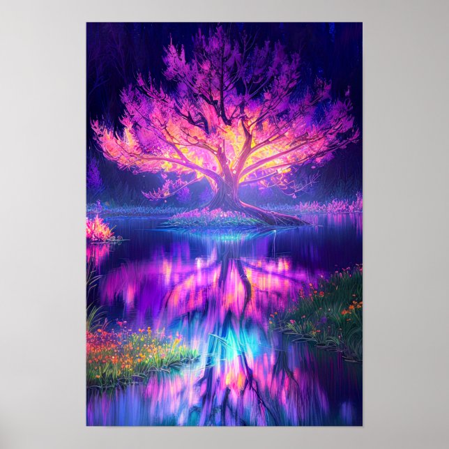 Affiche L'enchantement des marais, arbre illuminé de viole (Devant)