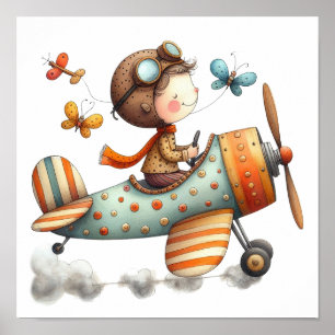 Affiche L'Enfant de Whimsical Flying Old Airplane