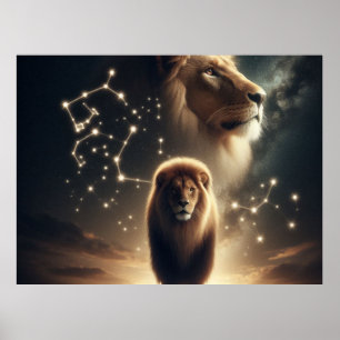 Affiche Leo Zodiac Art - Lion majestueux et Constellation.