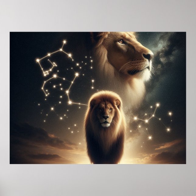 Affiche Leo Zodiac Art - Lion majestueux et Constellation. (Devant)