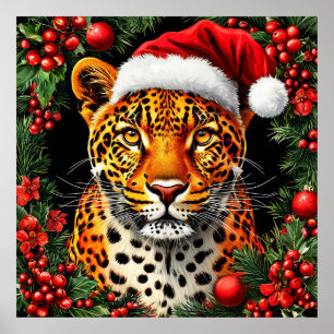 Affiche Léopard de fête portant un chapeau de Père Noël
