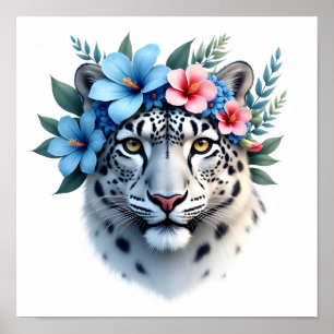 Affiche Léopard des neiges avec couronne florale bleue et