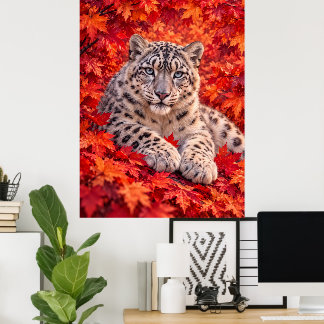 Affiche Léopard des neiges sous feuilles d'érable automnal