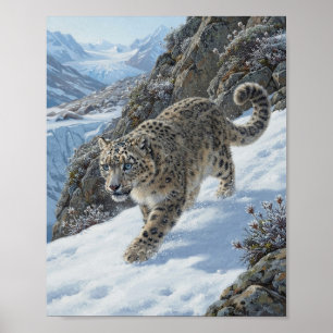 Affiche Léopard des neiges traquant sur la falaise enneigé