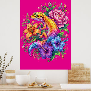 Affiche Léopard Gecko Coloré Fleurs Arc-en-ciel Mignon
