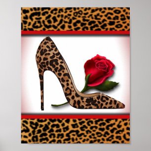 Affiche Leopard haut talon et rose rouge