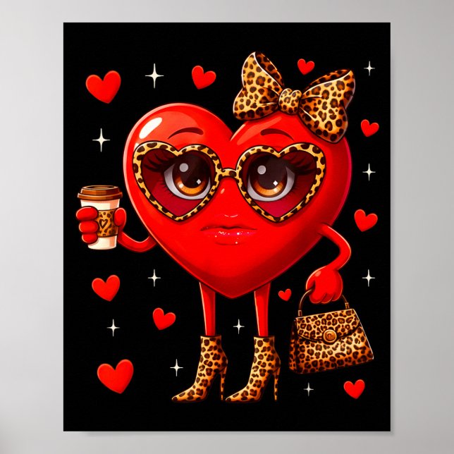 Affiche Leopard Heart Drinking Coffee Valentines Day Women (Devant)