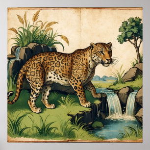 Affiche Leopard médiéval avec cascade Nature Art
