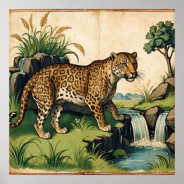 Affiche Leopard médiéval avec cascade Nature Art (Devant)