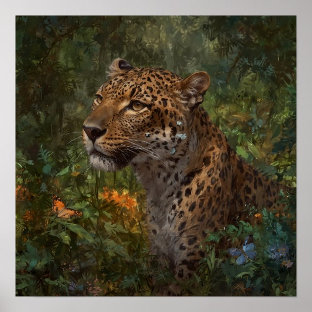 Affiche Léopard peint avec des papillons dans la nature (Devant)
