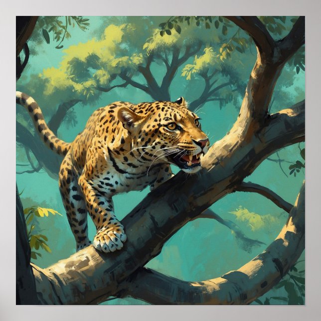 Affiche Leopard unique sur branche d'arbre dans la peintur (Devant)