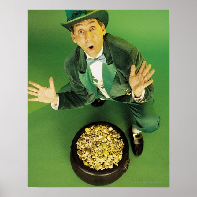 Affiche Leprechaun excité avec pot d'or (Devant)