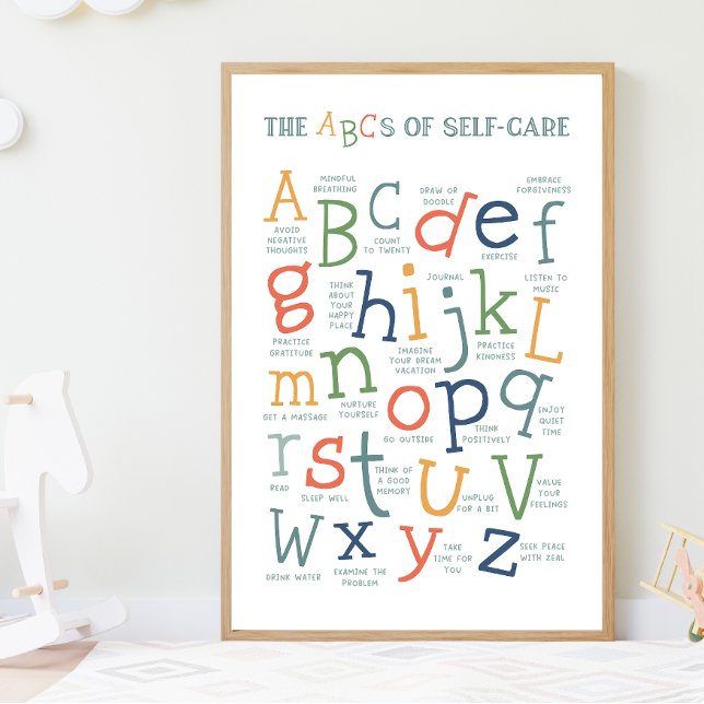 Affiche Les ABC de l'auto-apprentissage social émotionnel (abcs of self-care, self care, affirmations, mental health, classroom posters, montessori, colorful)