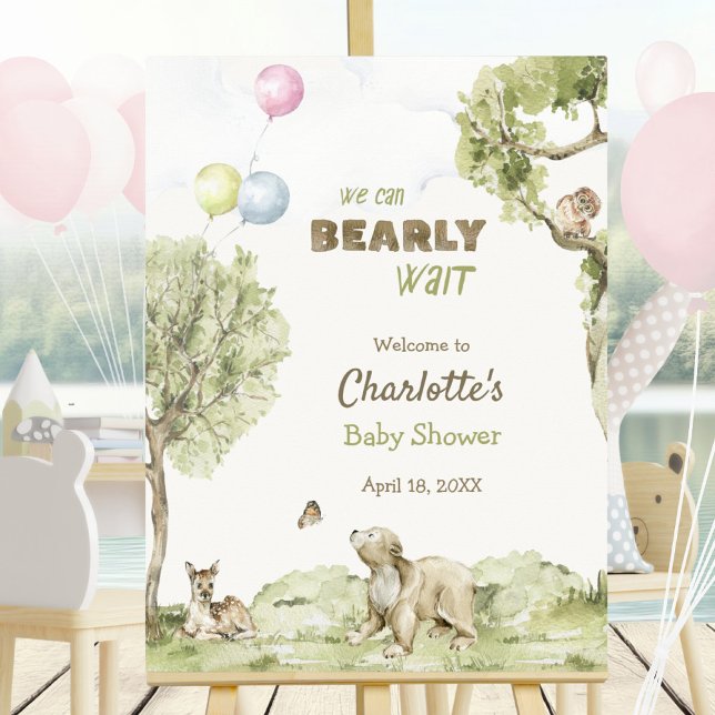 Affiche Les amis de la forêt attendent avec impatience la  (Woodland Friends Bearly Wait Welcome Baby Shower Poster ©Susanne Sachers - Sunny Mind 🌞)