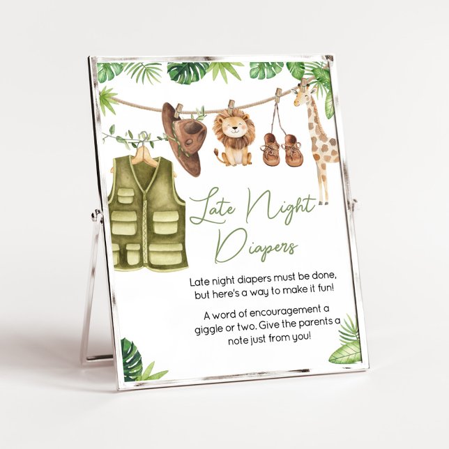 Affiche Les animaux de la Jungle de Safari Tropical Diapeu (Tropical Safari Jungle Animals Clothesline Baby Shower Late Night Diapers Sign)