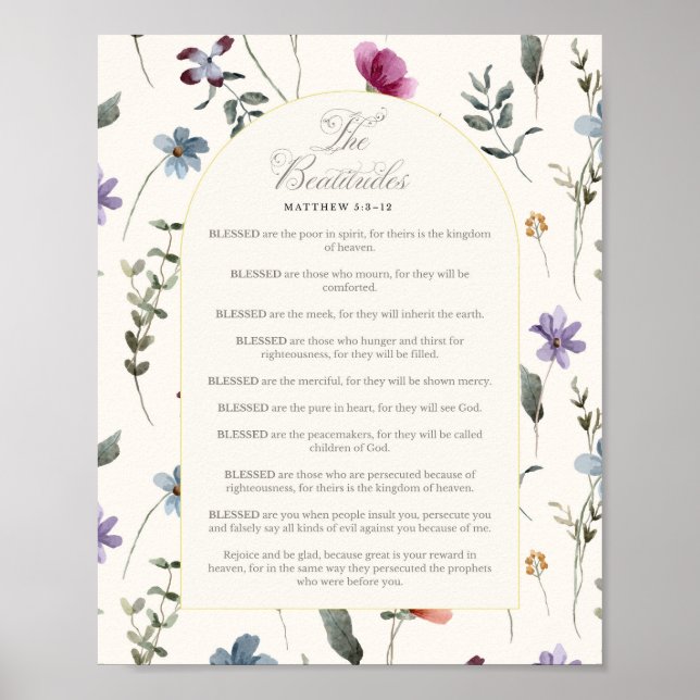 Affiche Les Béatitudes Matthieu 5:3–12 Écriture florale (Devant)