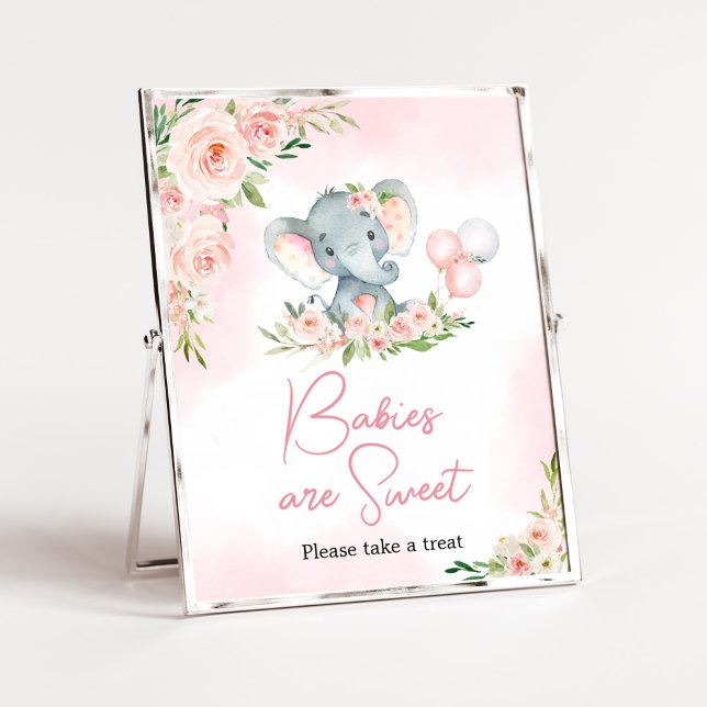 Affiche Les bébés ballons rose floral sont doux (Floral Balloon Elephant Baby Shower Babies are Sweet Sign)