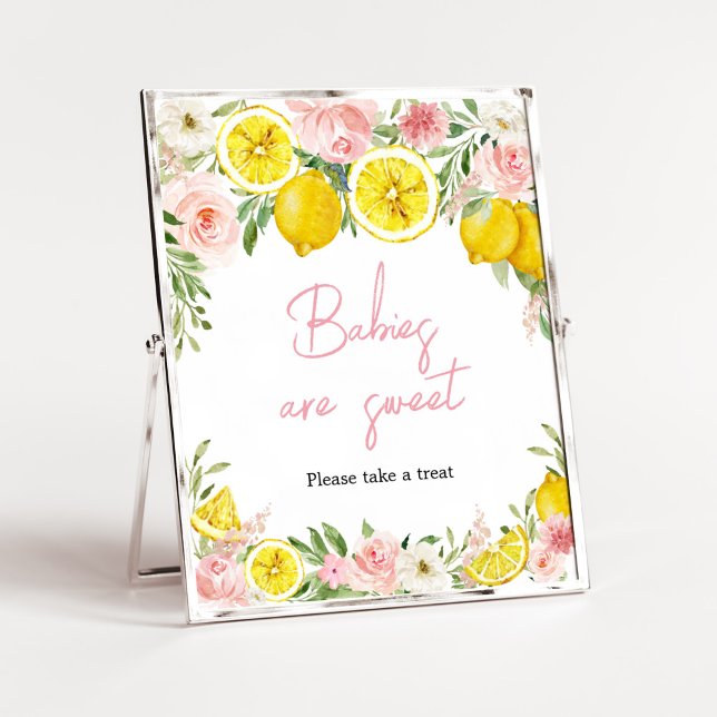 Affiche Les bébés citron rose floral sont doux (Summer Lemon Citrus Baby Shower Babies are Sweet Sign)