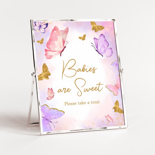 Affiche Les bébés papillons rose or pourpre sont doux (Boho Butterfly Baby Shower Babies are Sweet Sign)