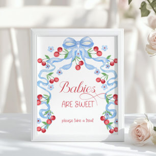 Affiche Les bébés sont Baby shower Cerise Bleu Bow doux