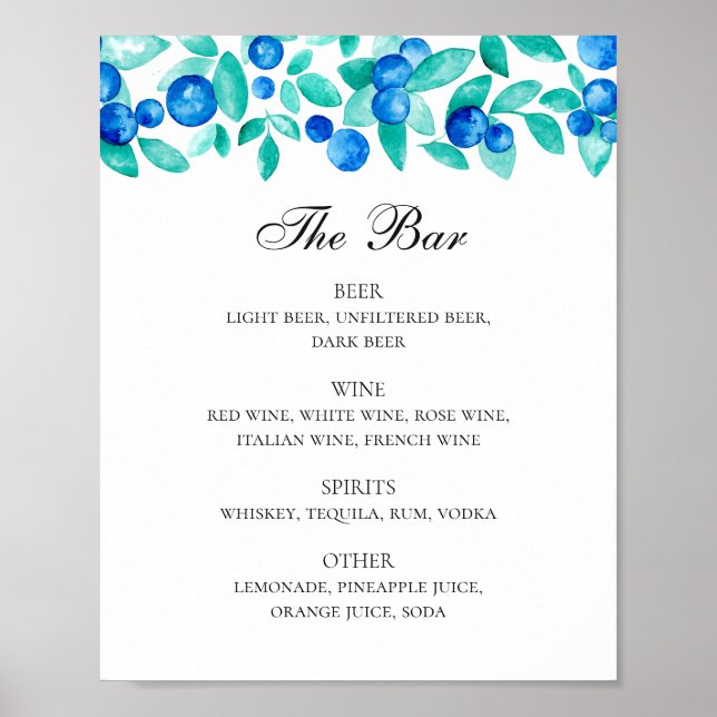 Affiche Les bleuets. Menu du bar à boissons mariage bleu e (Devant)