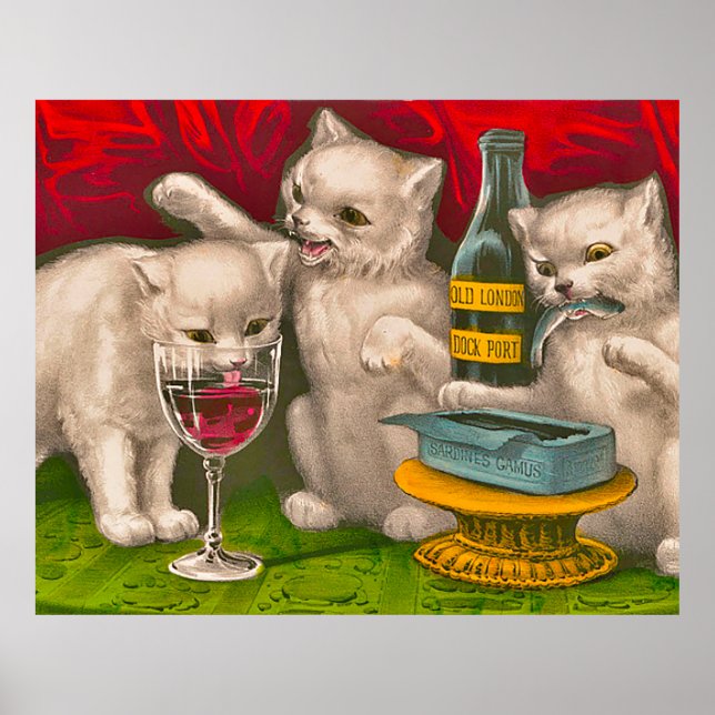 Affiche Les chatons boivent et mangent du poisson sardine (Devant)