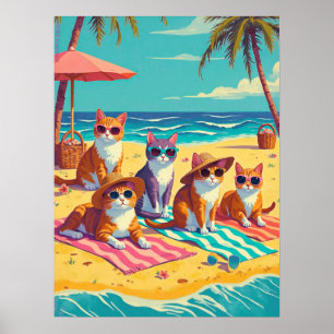 Affiche Les chats se prélassent sur la plage
