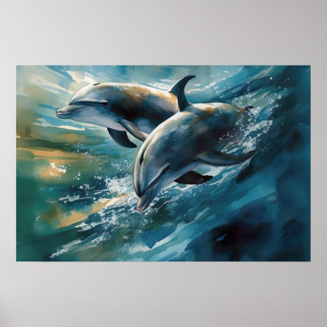 Affiche Les dauphins dans l'océan bleu (Devant)