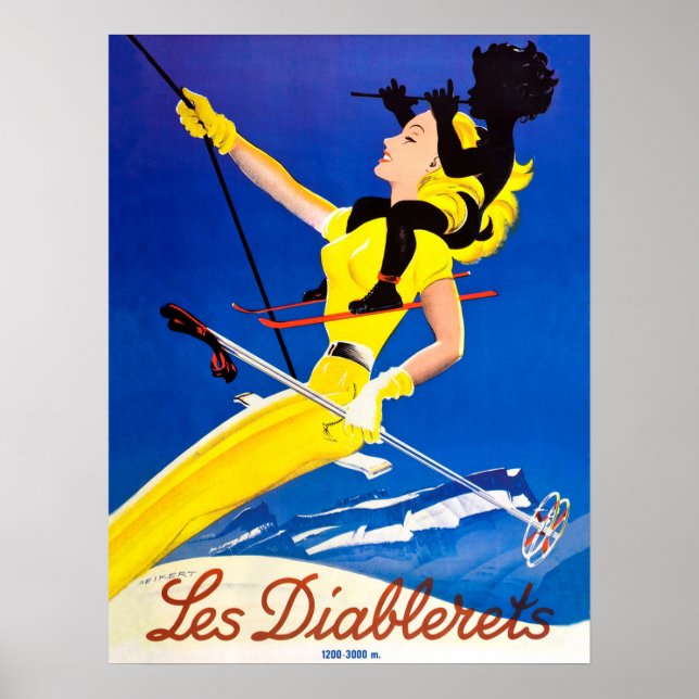Affiche Les Diablerets, femme sur un télésiège (Devant)