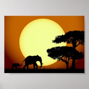 Affiche Les éléphants Safari au coucher du soleil