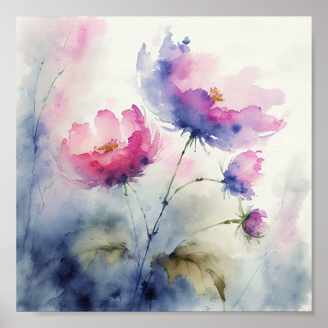 Affiche Les fleurs d'aquarelle violette et rose art (Devant)