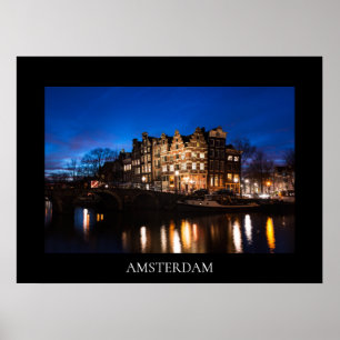 Affiche Les maisons du canal d'Amsterdam la nuit