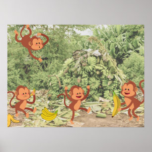 Affiche Les mignons singes mangent des bananes