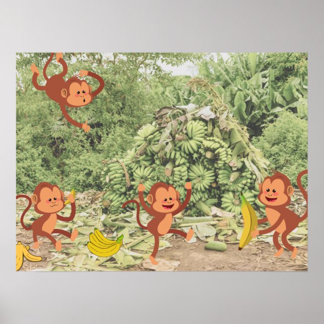 Affiche Les mignons singes mangent des bananes (Devant)