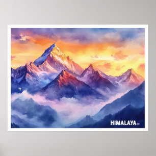 Affiche Les montagnes de l'Himalaya soleil aquarelle peint