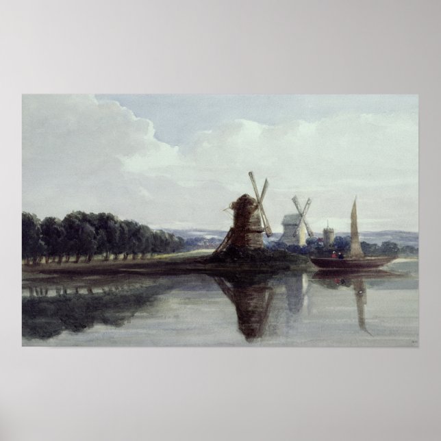 Affiche Les moulins à vent au bord d'une rivière, 19ème si (Devant)