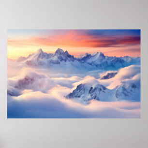 Affiche Les nuages de la mer de montagne Coucher de soleil