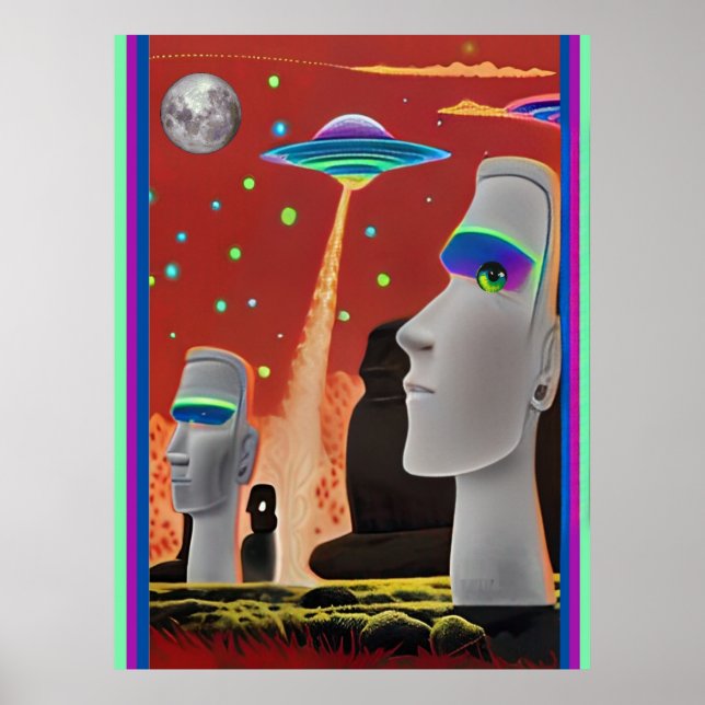 Affiche Les ovnis déplacent les Moai (Devant)