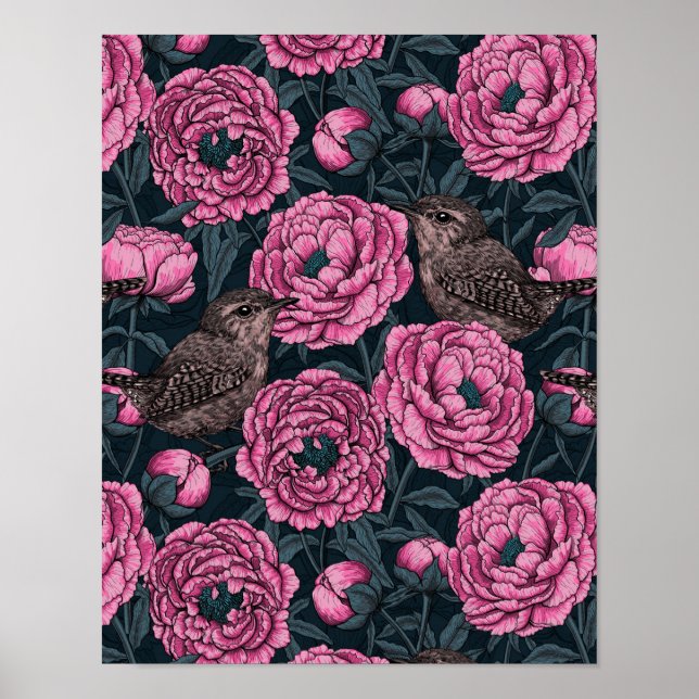 Affiche Les pivoines et les brins sur gris foncé (Devant)