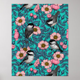 Affiche Les poulets dans la nature rose, rose et bleu