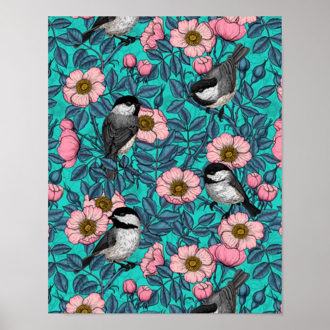 Affiche Les poulets dans la nature rose, rose et bleu (Devant)