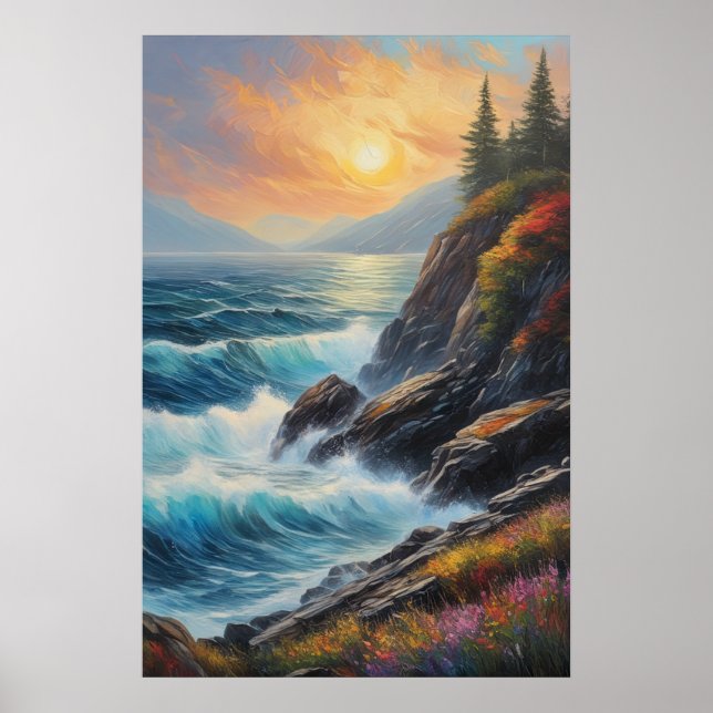Affiche Les vagues de la mer dansent sur les rivages roche (Devant)