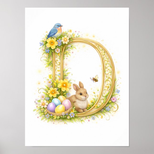 Affiche Letter D Gold Spring Nature Monogram Blue Bird (Devant)