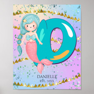 Affiche Letter D Monogram Watercolor Cute Mermaid Nursery