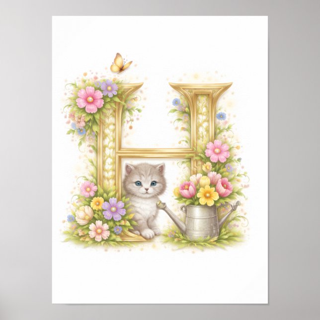 Affiche Letter H Gold Spring Nature Monogram Kitten Kids  (Devant)