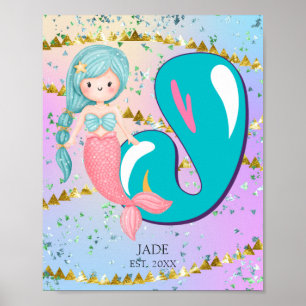 Affiche Letter J Monogram Watercolor Cute Mermaid Nursery