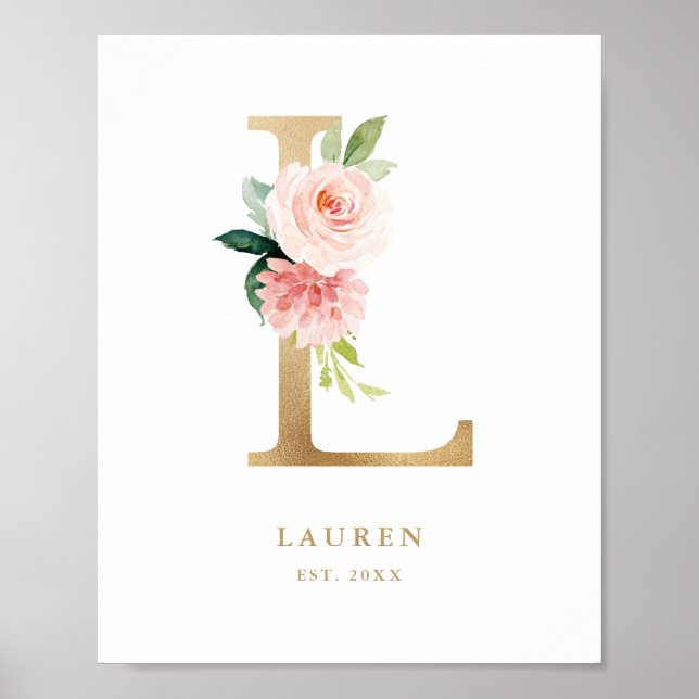 Affiche Letter L Blush Floral Monogram Gold Foil Nursery (Devant)