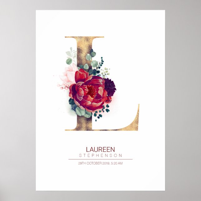 Affiche Letter L Monogram Floral Burgundy Red and Gold (Devant)